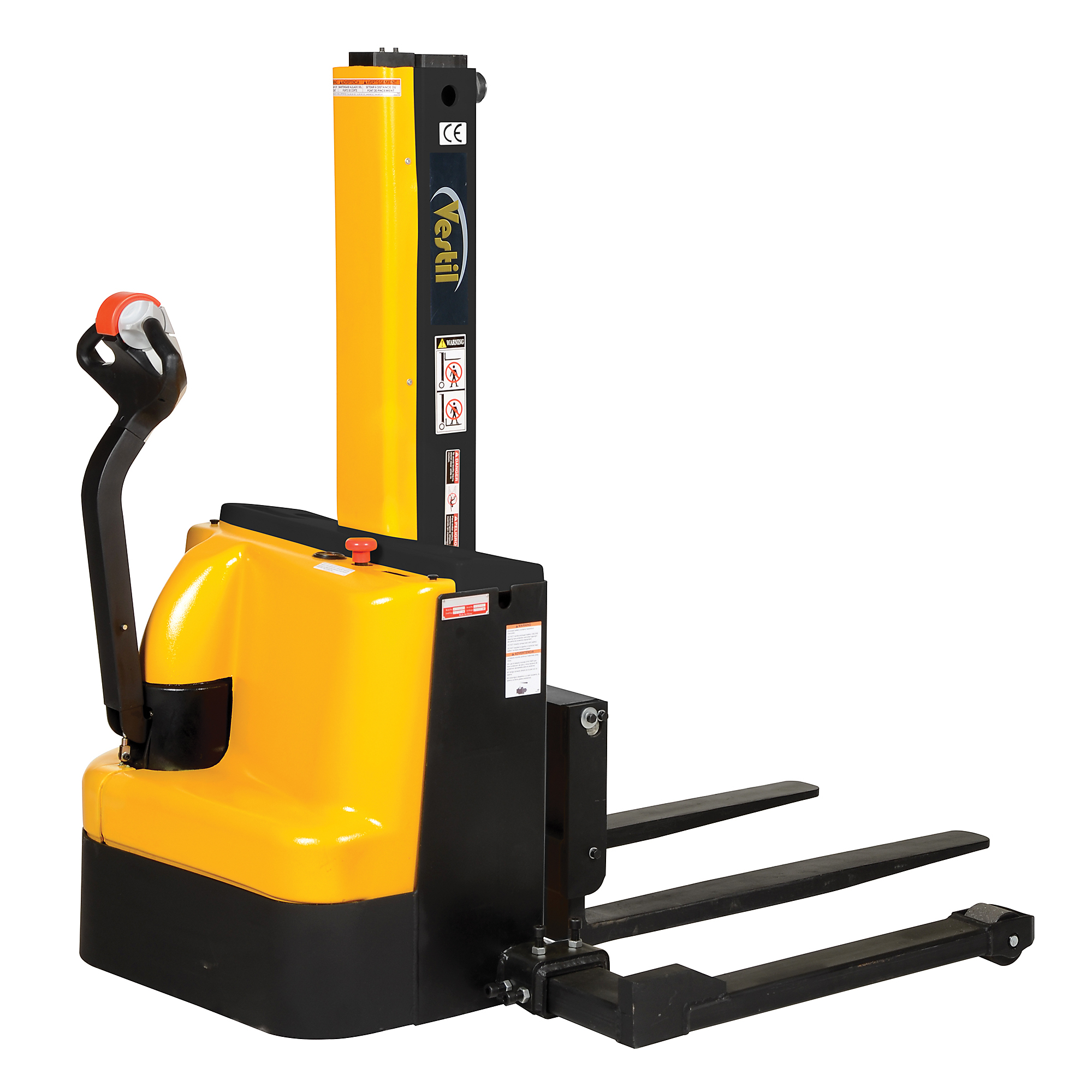 Vestil Narrow Mast Stacker - DC Powered, 2500-Lb. Capacity, 42in. Raised Height, Adjustable Forks and Legs, Model# SNM-90-AA